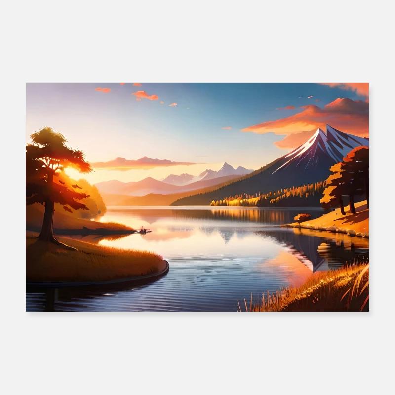 anime lake in the forest between mountains Poster 36" x 24" (90x60 cm)