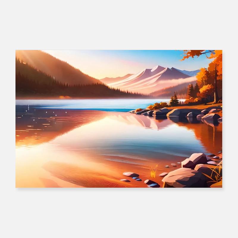 beautiful anime lake between mountains Poster 36" x 24" (90x60 cm)