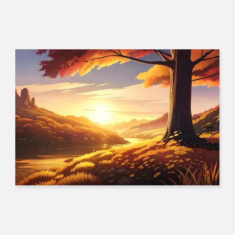 Schöner Baum am Fluss im Herbst Anime Poster 90x60 cm