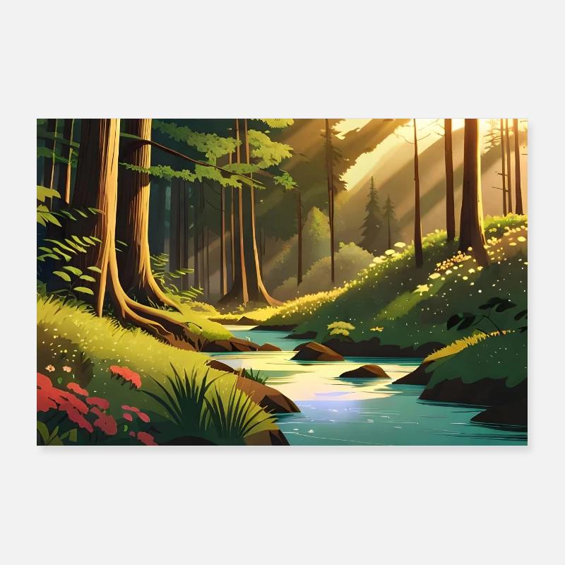 beautiful river in the forest anime Poster 36" x 24" (90x60 cm)