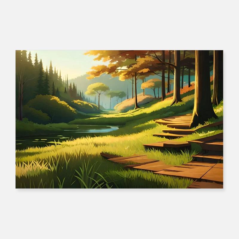 beautiful anime pine forest at sunset Poster 36" x 24" (90x60 cm)