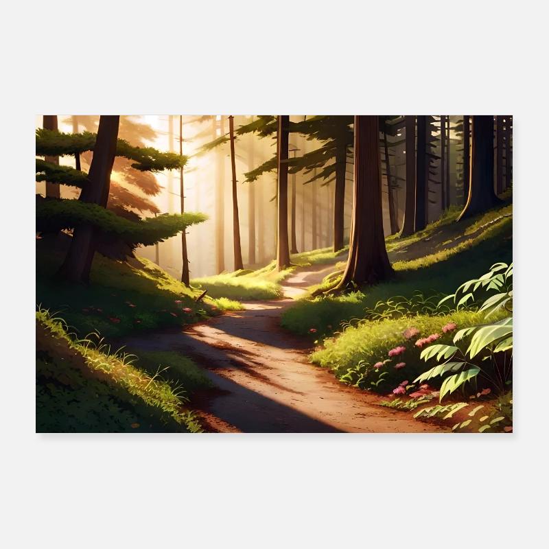 Magnifique anime Pine Forest au coucher du soleil Poster 90 x 60 cm