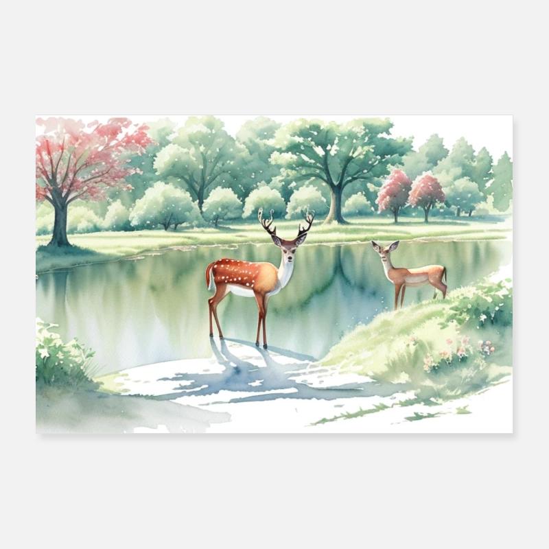 Augustlandschaft mit Hirschen Poster 90x60 cm