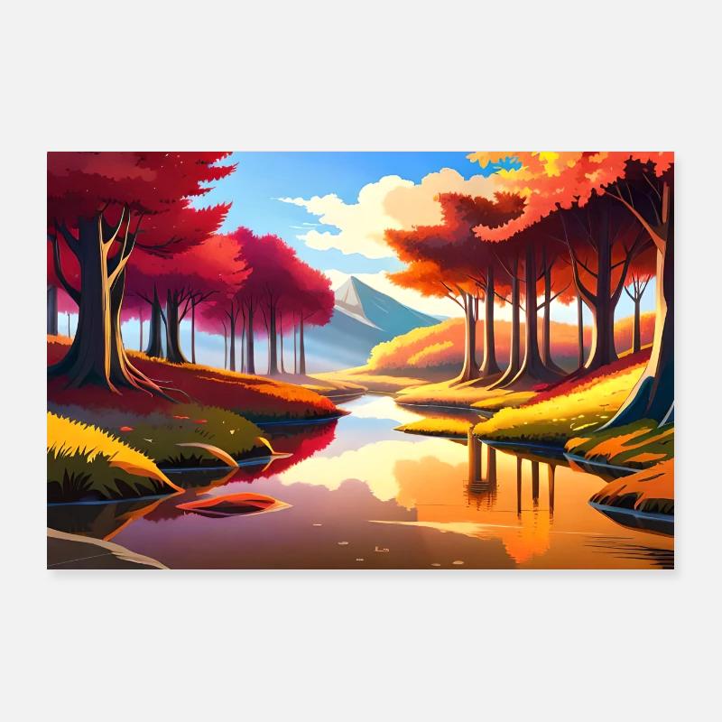 beautiful anime river between autumn forest Poster 36" x 24" (90x60 cm)