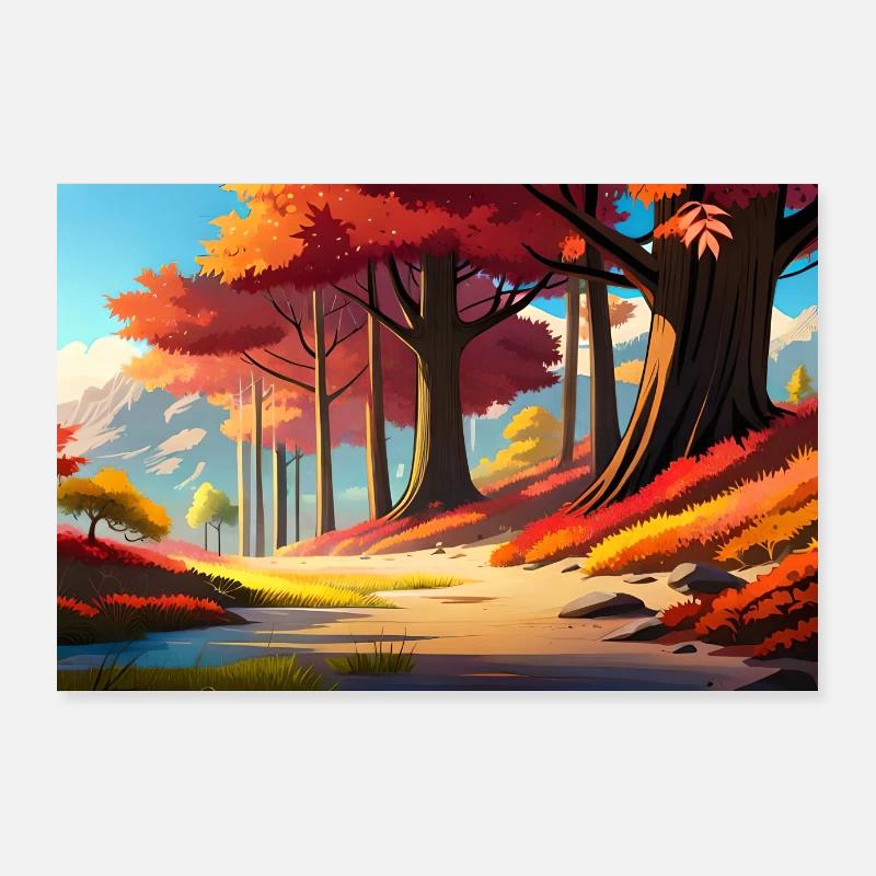 Belle route dans l’anime de la forêt d’automne Poster 90 x 60 cm