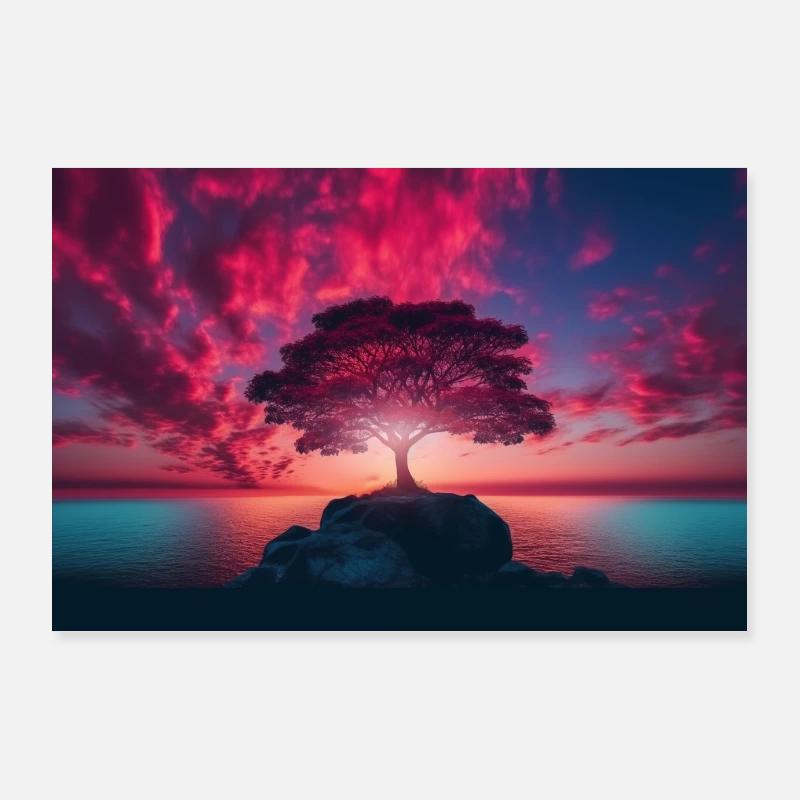 Baum am See bei Abendrot - Poster 90x60 cm - Weiß