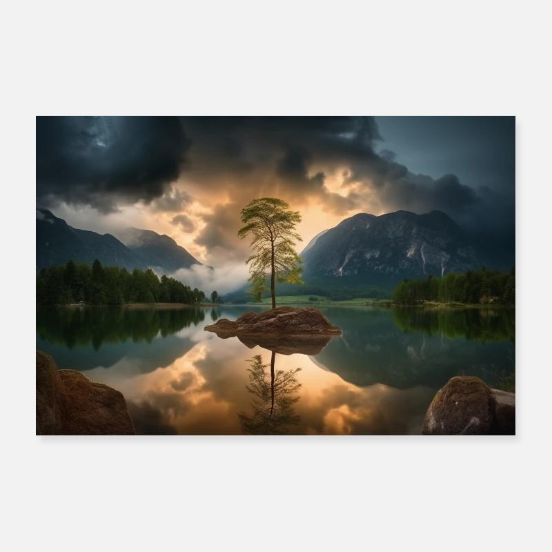 Baum auf See in den Bergen Poster 90x60 cm