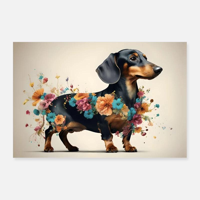 Affiche, teckel avec de belles fleurs - Poster 90 x 60 cm - blanc