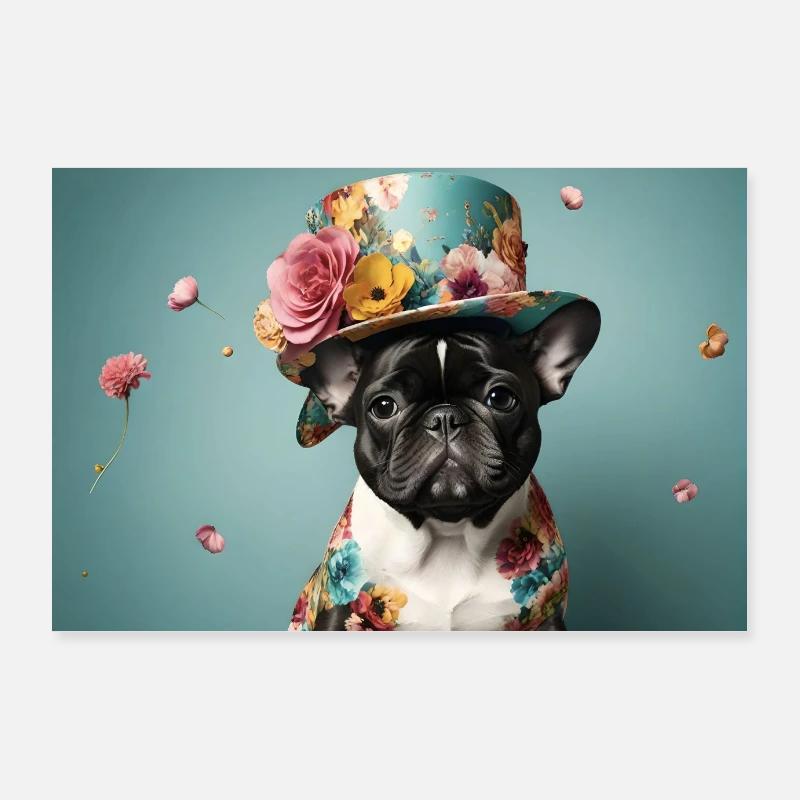 Affiche, bouledogue français avec chapeau et fleurs. Poster 90 x 60 cm