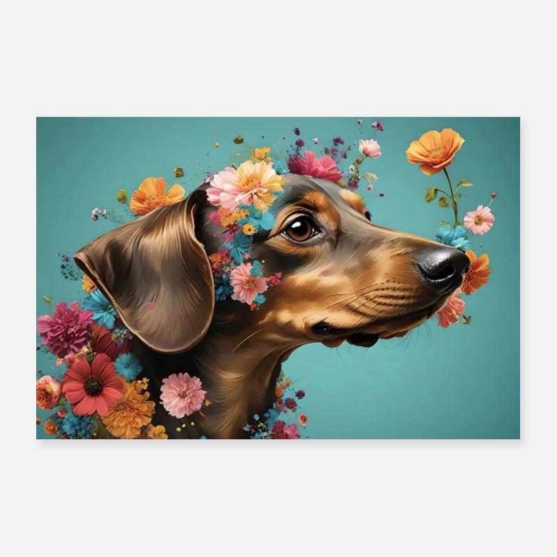 Poster, Dackel mit Blumen - Poster 90x60 cm - Weiß