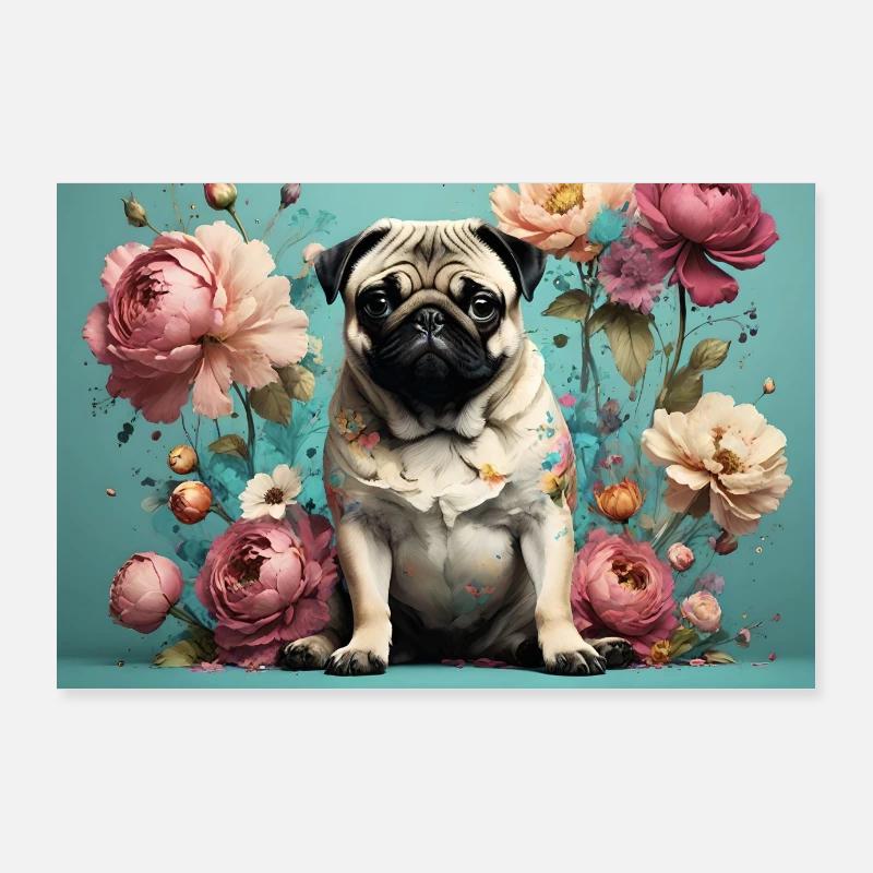 Poster, Möpse und Blumen Poster 90x60 cm