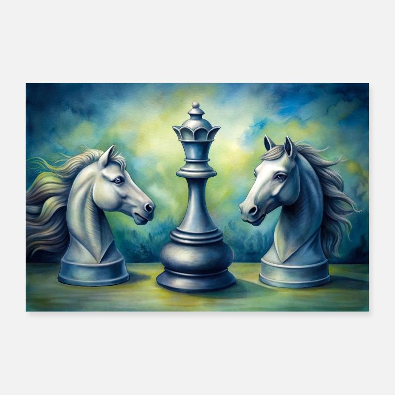 Schachgemälde mit zwei Pferden und einer Dame Poster 90x60 cm