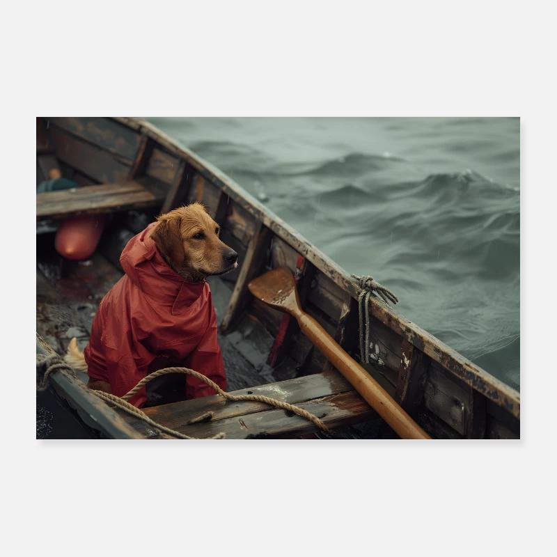 Hund sitzt in einem alten Boot Poster 90x60 cm