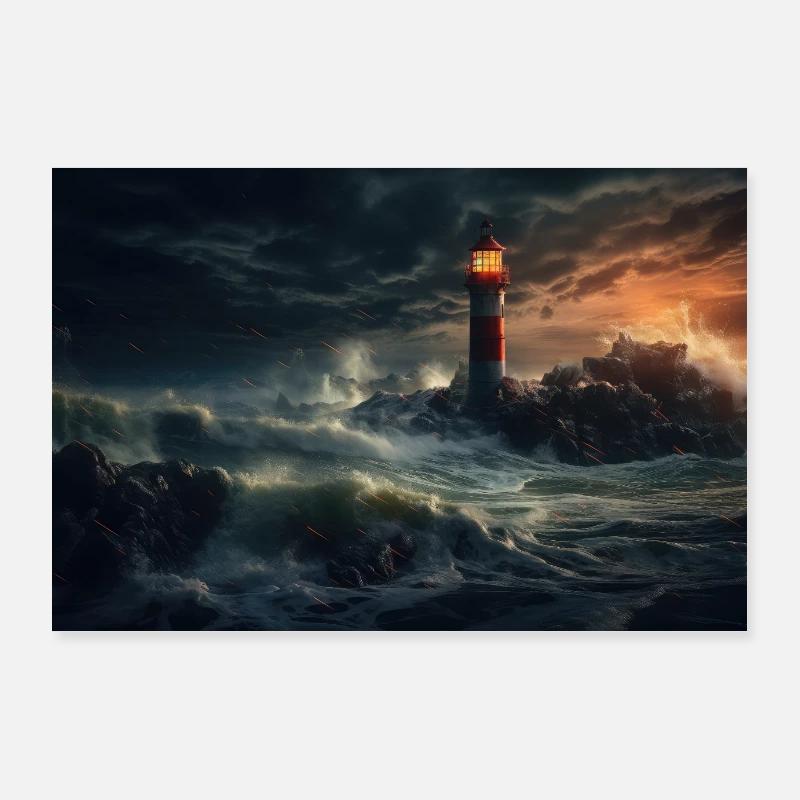 Leuchtturm Mitten im Sturm - Poster 90x60 cm - Weiß
