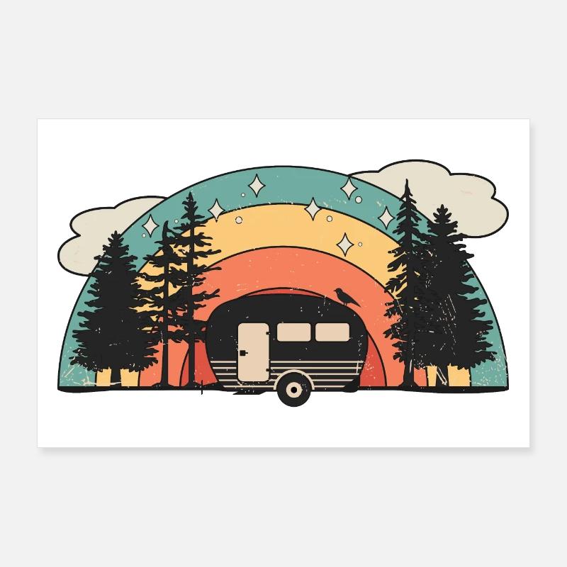 Retro Sonne Wohnwagen Wohnmobil Caravan Camping - Poster 90x60 cm - Weiß