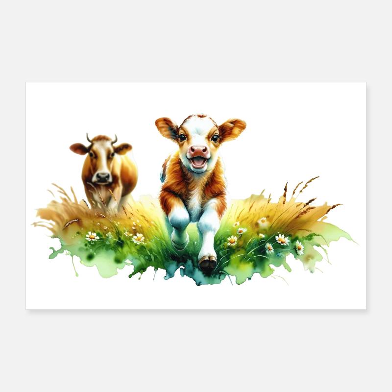 Verspieltes Kalb in der Sommerlandschaft Poster 90x60 cm