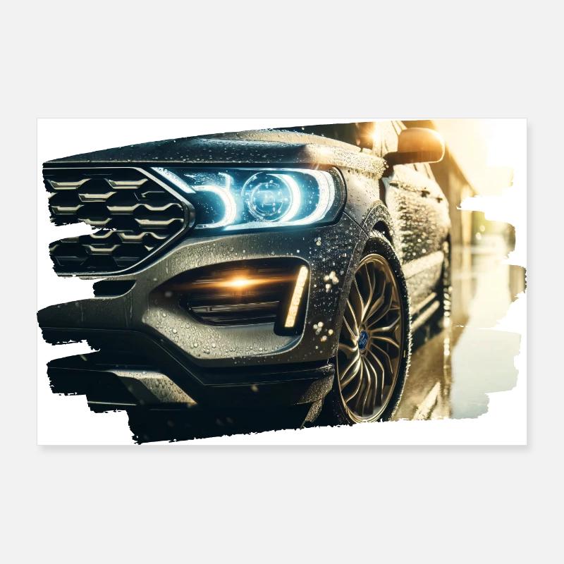 Voiture de luxe moderne dans le reflet de la pluie Poster 90 x 60 cm