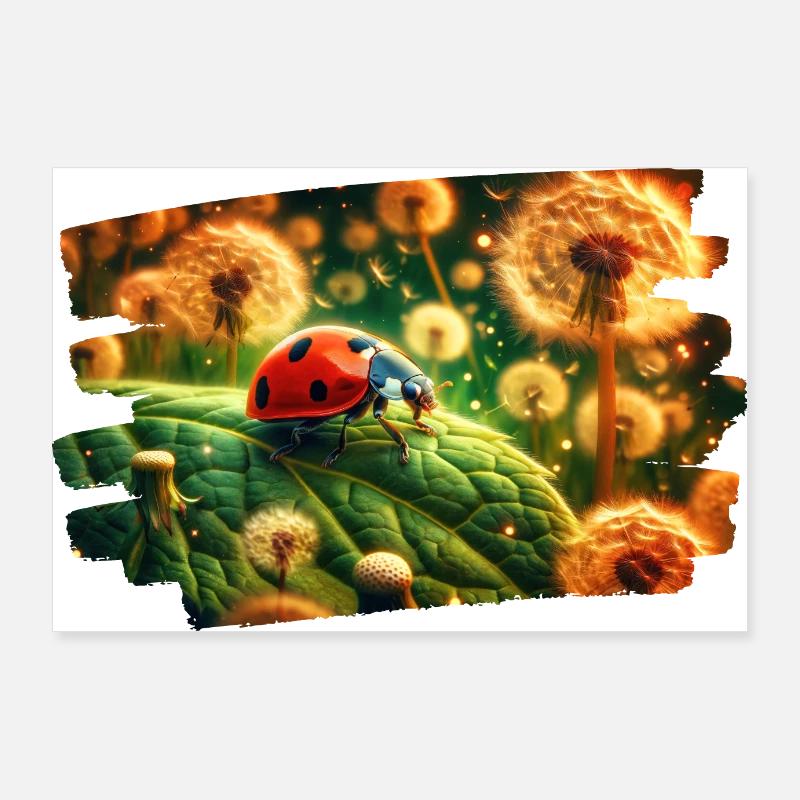 Ladybug in golden dandelion light Poster 36" x 24" (90x60 cm)