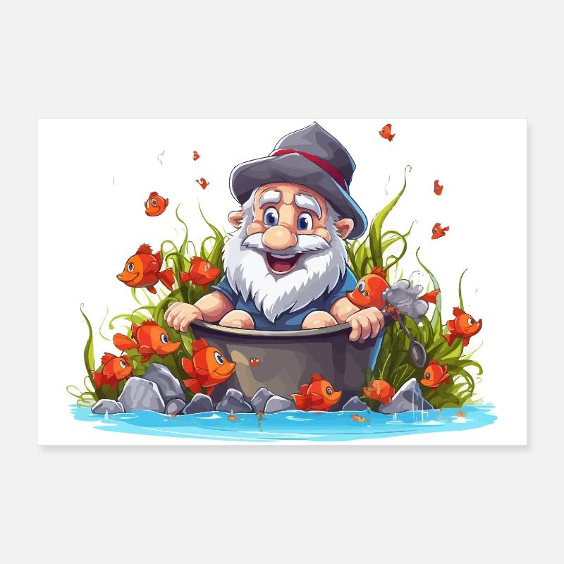 Nain dans le pot de bain près de l’étang Poster 90 x 60 cm