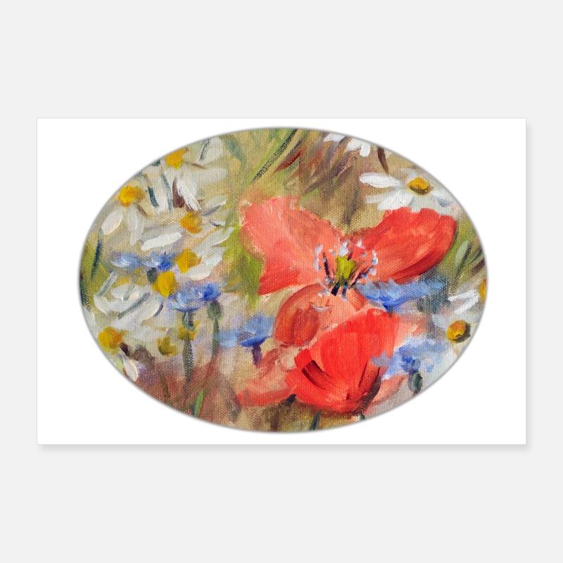 Rote Mohn- und Gänseblümchen-Wiesen-Malerei Poster 90x60 cm