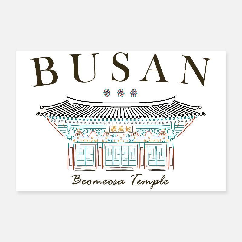 Busan, Corée du Sud, Temple dessiné à la main Poster 90 x 60 cm
