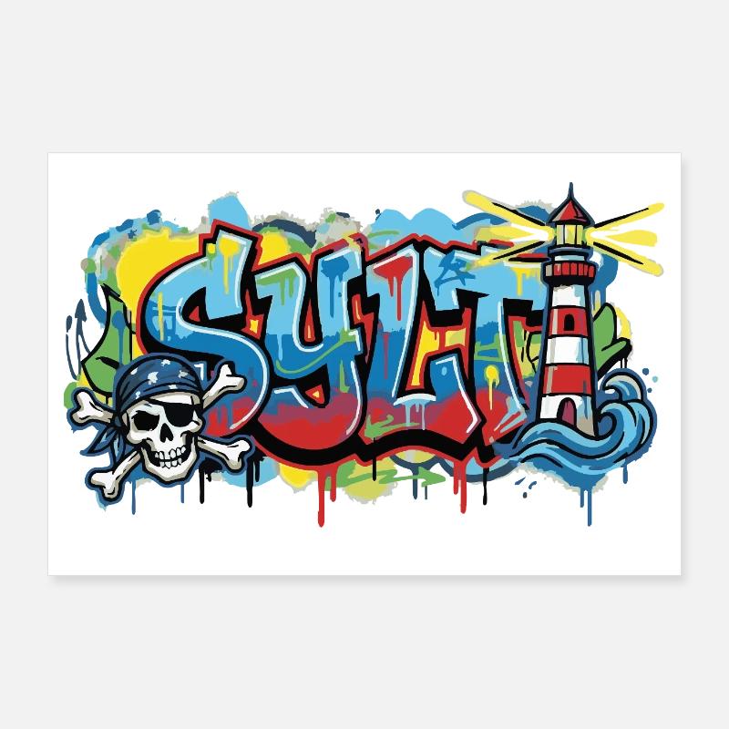 Sylt Graffiti mit Leuchtturm Poster 90x60 cm