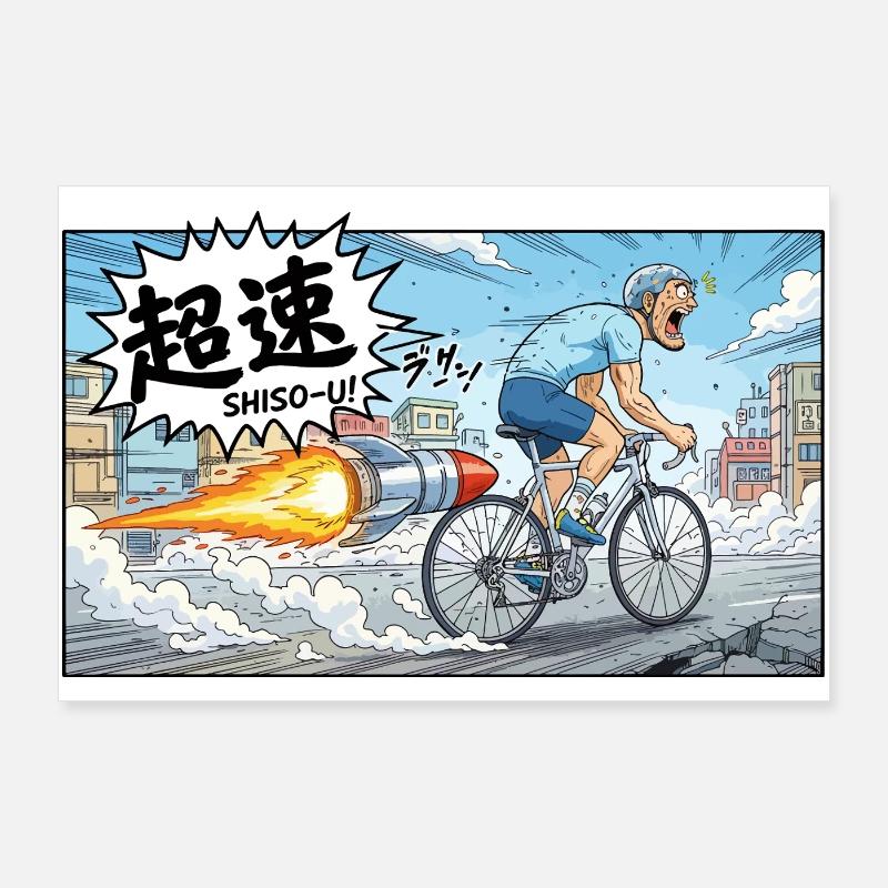 Cycliste à hypervitesse avec explosion de fusée Poster 90 x 60 cm