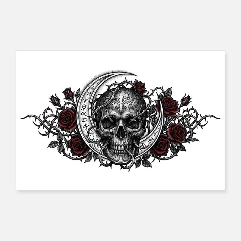 Crâne / tête de mort gothique, Lune, Roses rouges Poster 90 x 60 cm