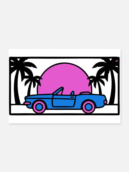 Cabrio Palmen Sunset Grafik - Poster 90x60 cm - Weiß - Vorne