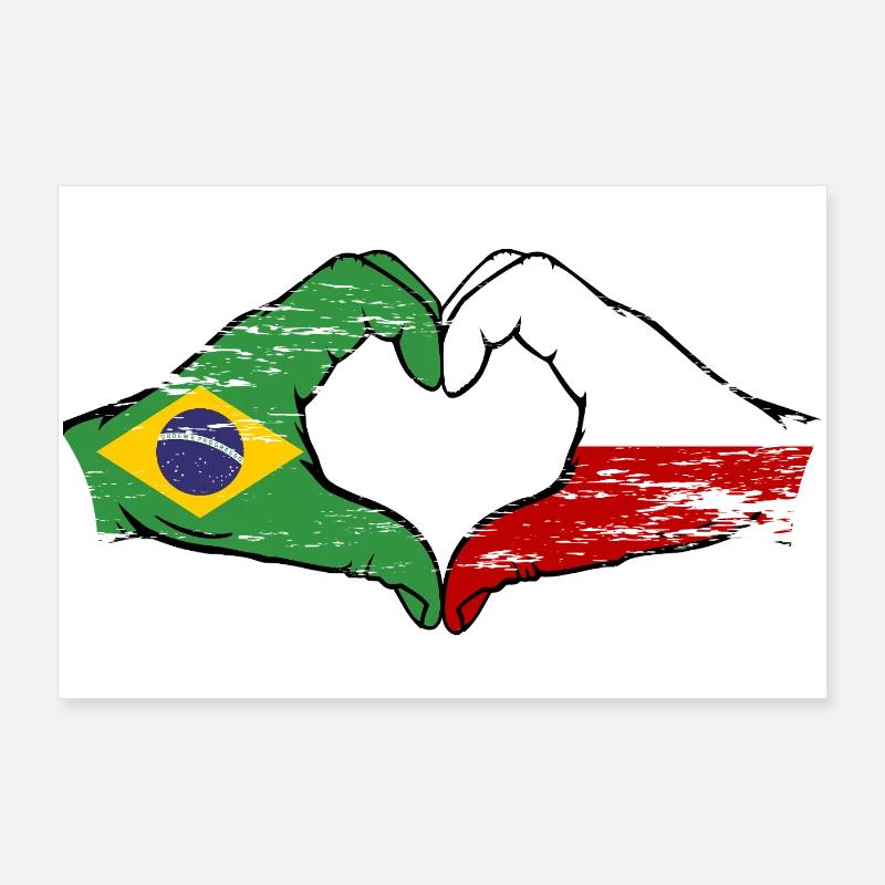 Brésil Pologne Drapeau Main Forme Coeur Utilisé Poster 90 x 60 cm