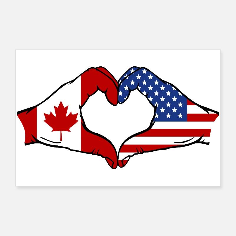Drapeau Canada USA en forme de cœur Poster 90 x 60 cm