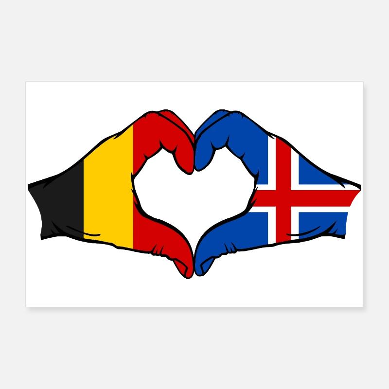 Belgique Islande Drapeau Mains Coeur Forme Poster 90 x 60 cm