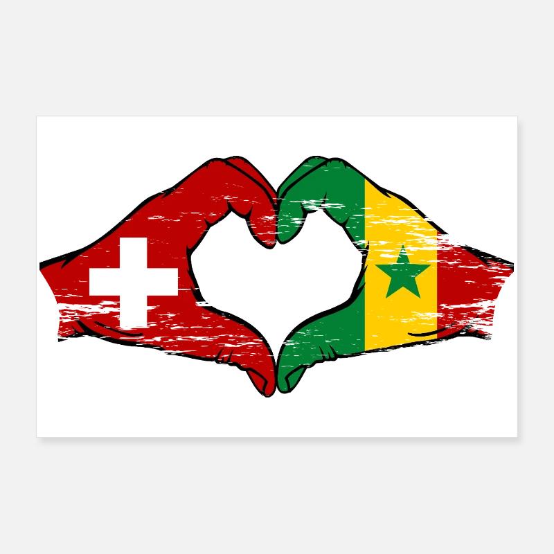 Suisse Sénégal Drapeau Mains Coeur Forme Utilisé Poster 90 x 60 cm