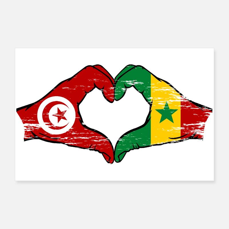 Tunisie Sénégal drapeau mains forme coeur utilisé Poster 90 x 60 cm