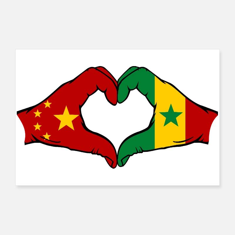 Chine Sénégal Drapeau Mains Coeur Forme Poster 90 x 60 cm
