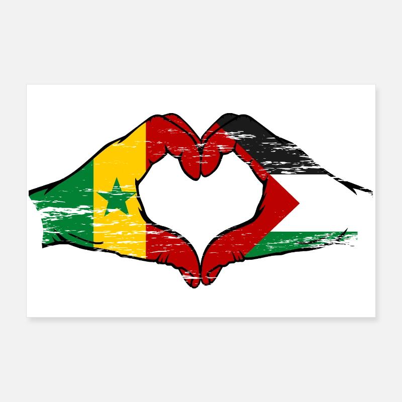 Sénégal Palestine Drapeau Mains Coeur Forme Utilisé Poster 90 x 60 cm