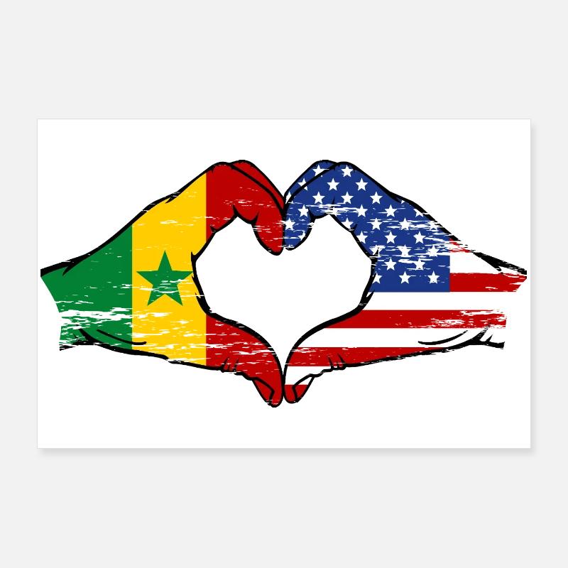 Sénégal USA Drapeau Mains Coeur Forme Utilisé Poster 90 x 60 cm