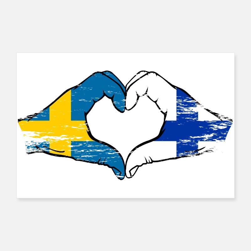 Mains en forme de cœur du drapeau Suède-Finlande utilisées Poster 90 x 60 cm