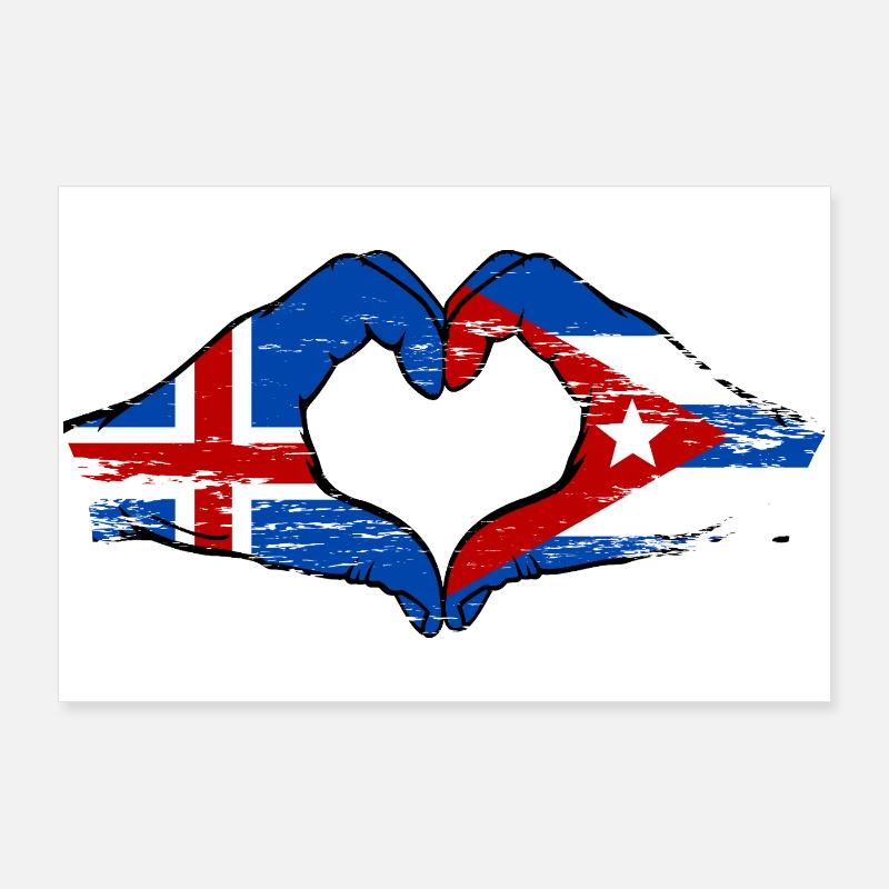 Islande, drapeau Cuba, mains de cœur Poster 90 x 60 cm