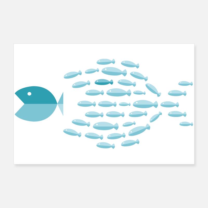 Blue School Silhouette - small fish eat big fish Poster 36" x 24" (90x60 cm)