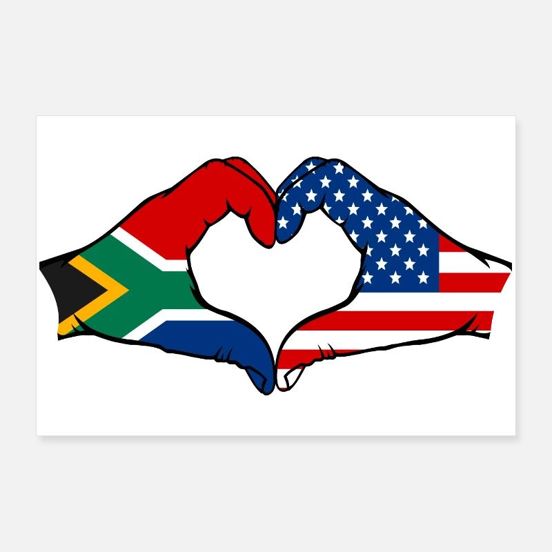 Afrique du Sud États-Unis drapeau mains forme de coeur Poster 90 x 60 cm