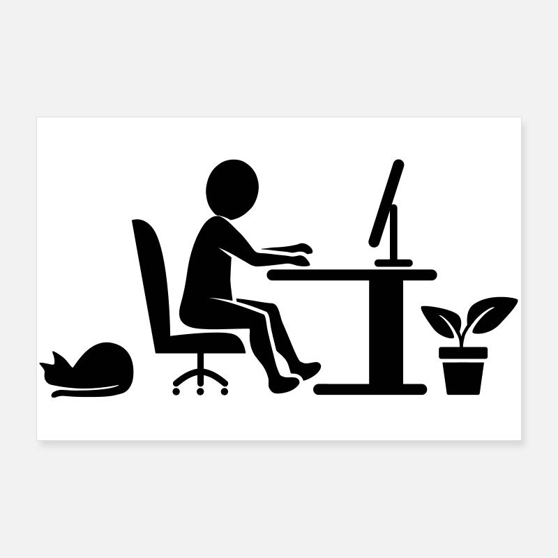 Bureau à domicile avec chat et plante d'intérieur Poster 90 x 60 cm
