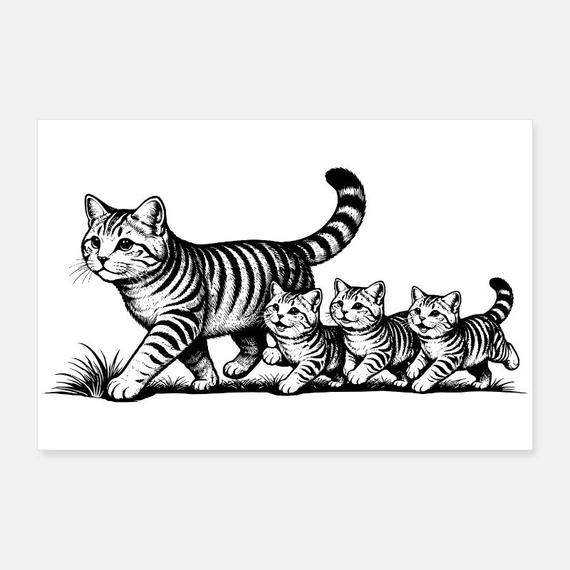 Mère chatte avec 3 chatons, noir et blanc Poster 90 x 60 cm