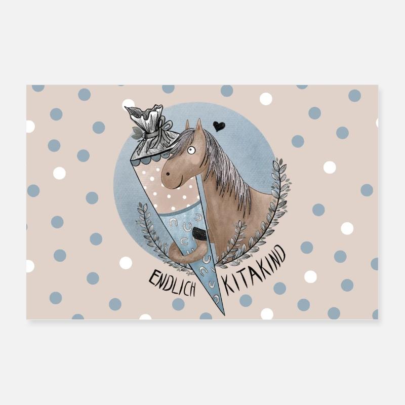 Endlich KITAKIND Pferd mit Schultüte BLAU - Poster 30x20 cm - Weiß