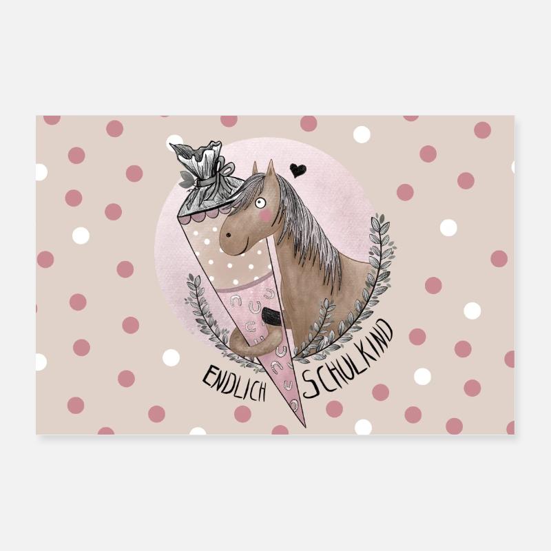 Endlich SCHULKIND Pferd mit Schultüte Rosa - Poster 30x20 cm - Weiß