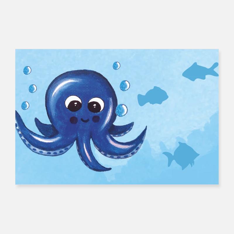Funny octopus and fish with bubbles Poster 12" x 8" (30x20 cm)