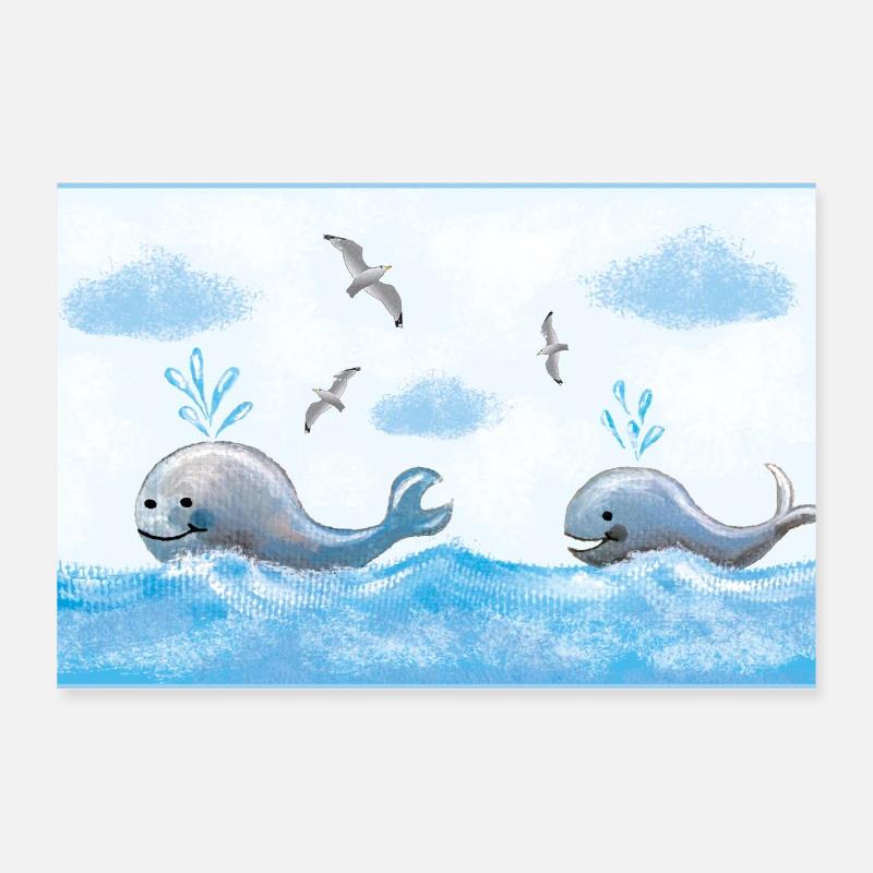 Baleines dans la mer bleue - Aquarelles peintes à la main Poster 30 x 20 cm