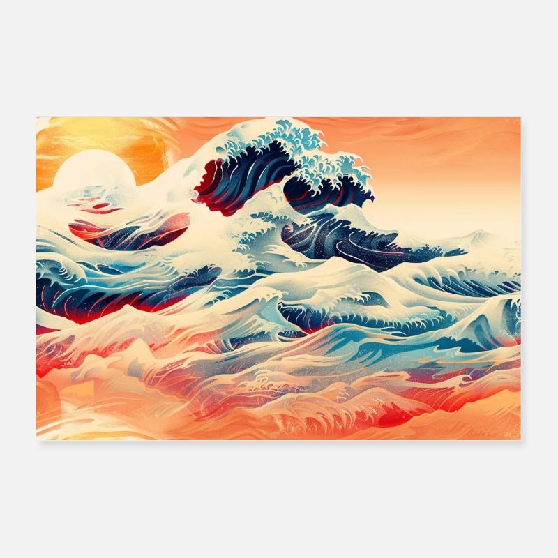 Vagues du coucher de soleil à Ukiyoe Poster 30 x 20 cm