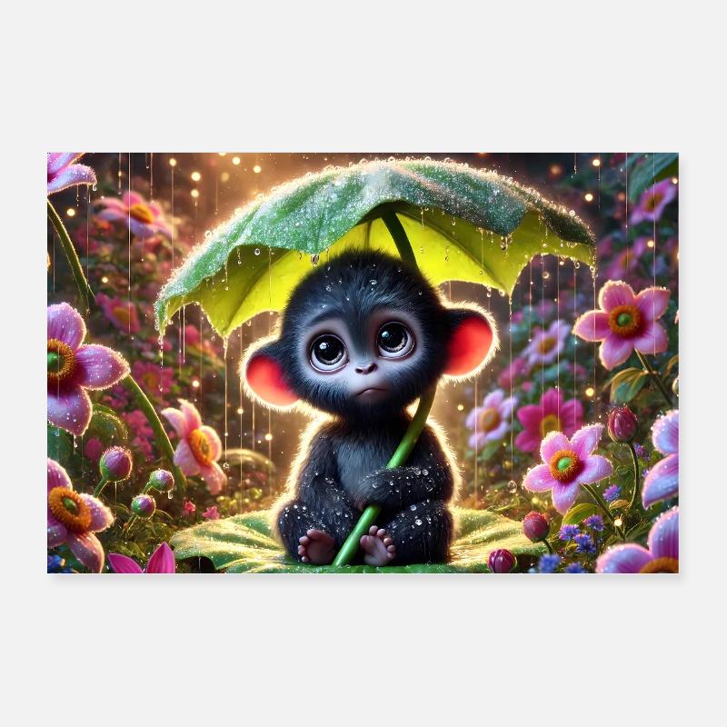 Little monkey under a glowing umbrella Poster 12" x 8" (30x20 cm)