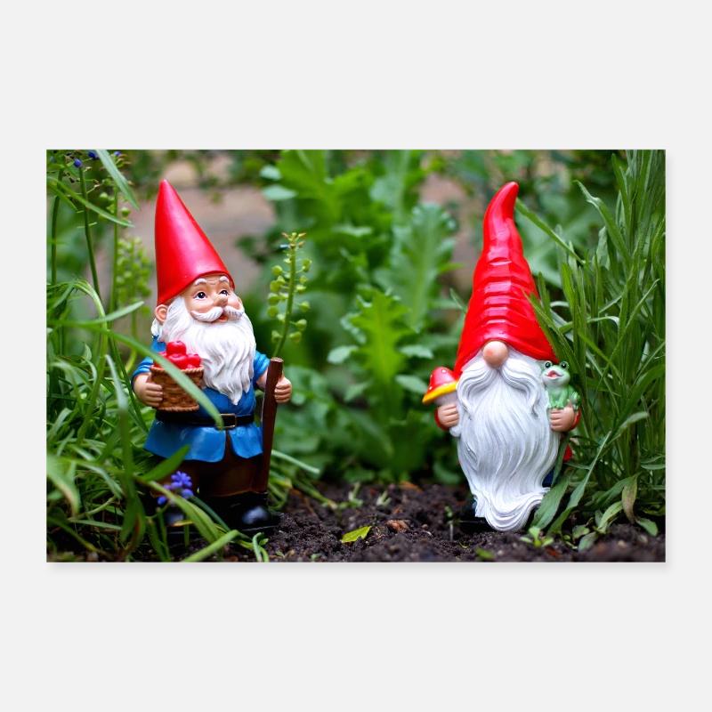 Nain de jardin dans le jardin fleuri Poster 30 x 20 cm